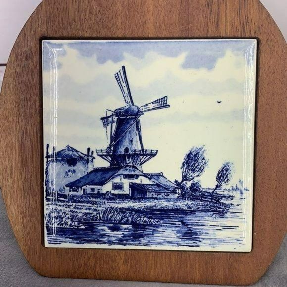 Vintage Dutch Delft Windmill Tile Wooden Cheese Cutting Board Holland - Picture 3 of 7